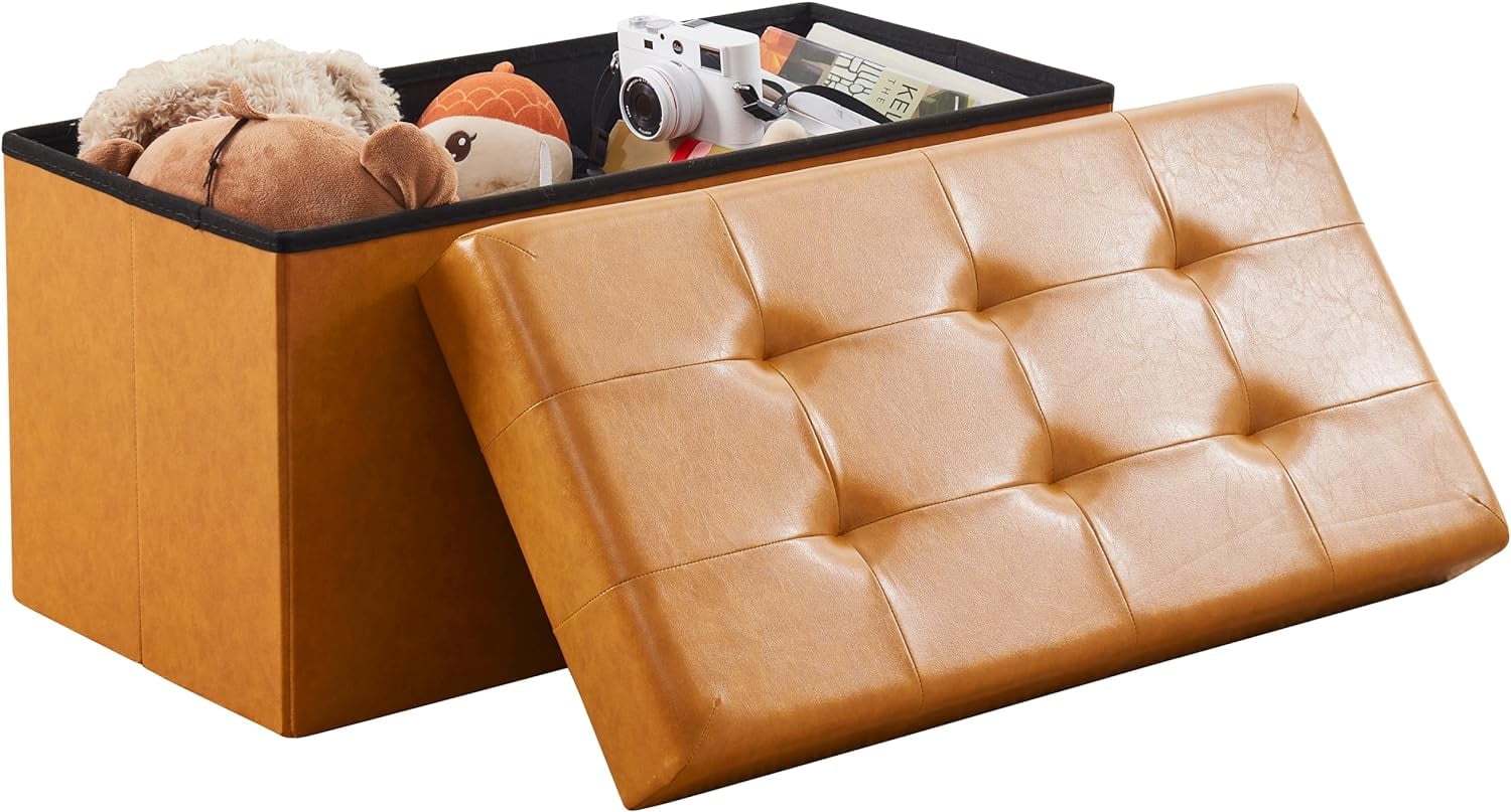Cognac Faux Leather Tufted Foldable Storage Ottoman Bench