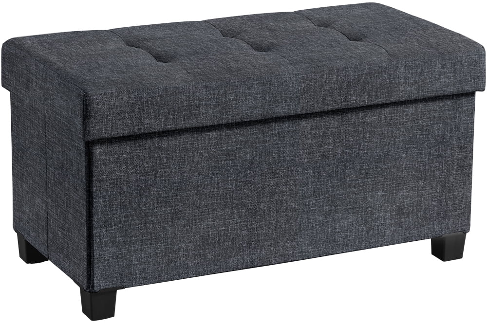 30-Inch Black Linen Folding Storage Ottoman Bench with Plastic Legs