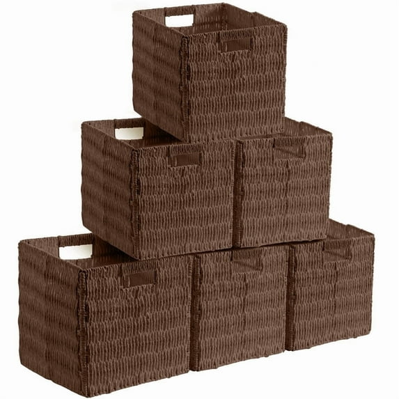 Ornavo Home Wicker Storage Cubes Bin, 10.5 Inch Storage Shelf Basket Collapsible Natural Hand Woven Paper Storage Cube Bin with Handles - Set of 6, Brown