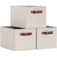 thumbnail image 1 of Ornavo Home Collapsible Shelf Basket Rectangle Storage Bins with Faux Leather Handles Foldable Fabric Shelf Storage Basket Closet Organizer and Storage Box for Clothes - 3 Pack - Large - Beige, 1 of 7