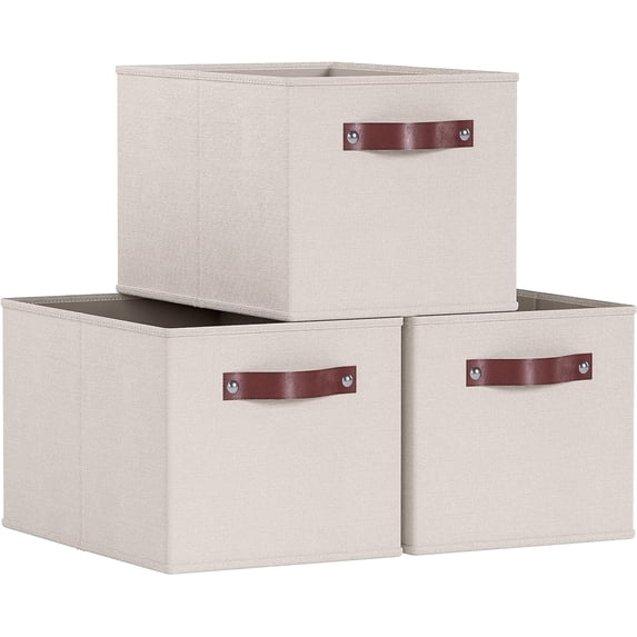 Ornavo Home Collapsible Shelf Basket Rectangle Storage Bins with Faux Leather Handles Foldable Fabric Shelf Storage Basket Closet Organizer and Storage Box for Clothes - 3 Pack - Large - Beige