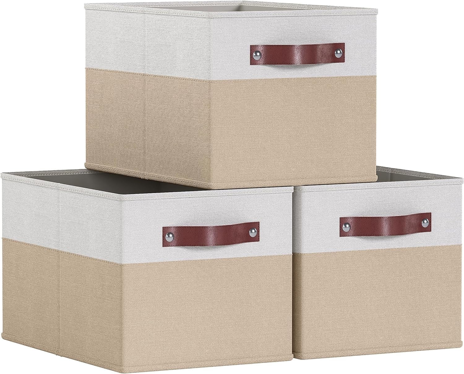 Extra Large White and Khaki Fabric Storage Bins with Faux Leather Handles - 3 Pack