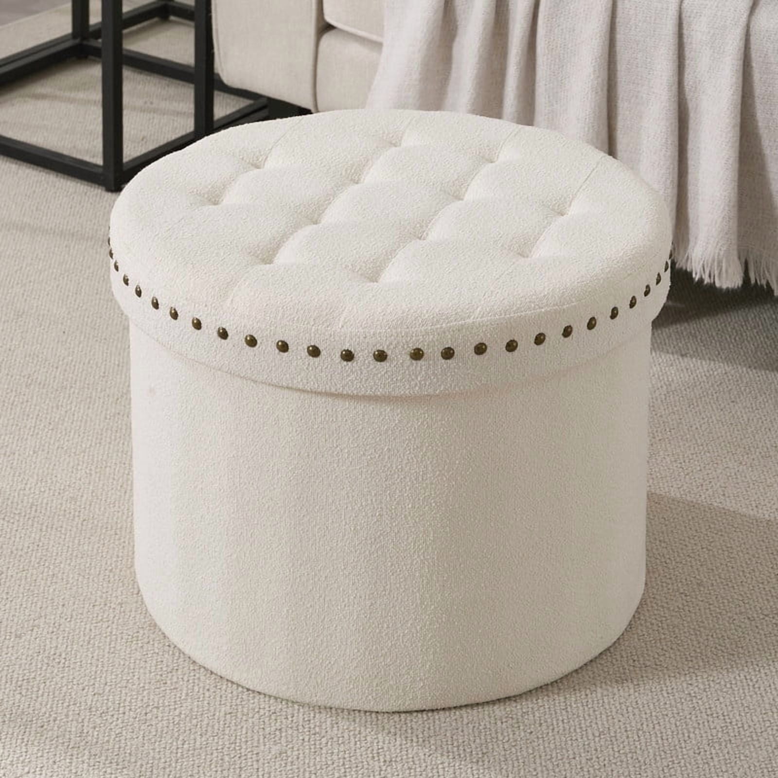 Ornavo Home Décor Large 20" Round Collapsible Ottoman with Storage with Nailhead Trim for Living Room and Bedroom - Boucle White
