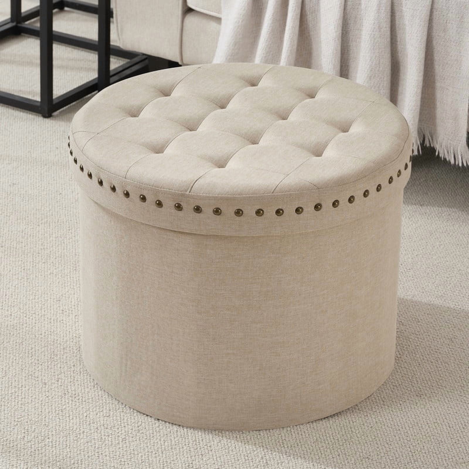 Ornavo Home Décor Large 20" Round Collapsible Ottoman with Storage with Nailhead Trim for Living Room and Bedroom - Linen Beige