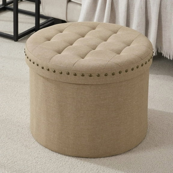 Ornavo Home Décor Large 20" Round Collapsible Ottoman with Storage with Nailhead Trim for Living Room and Bedroom - Linen Tan/Taupe