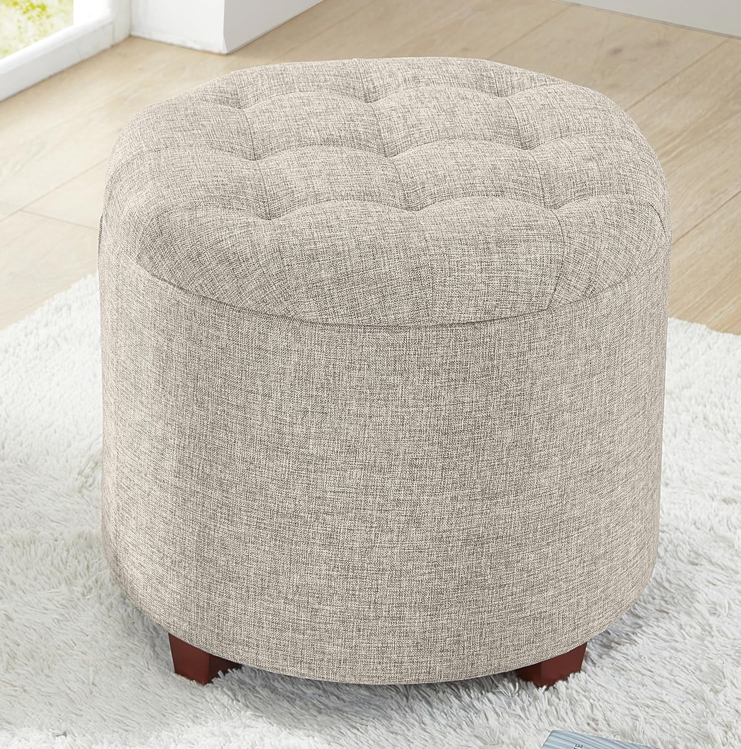 Beige Round Tufted Linen Storage Ottoman with Removable Lid