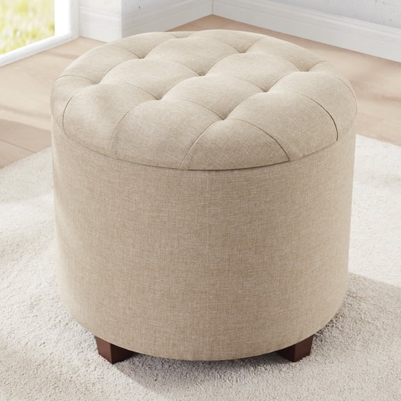 Ornavo Home Round Storage Ottoman with Lift-Off Lid, 18in Linen Beige Foot Stool