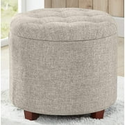 Ornavo Home Donovan Round Tufted Linen Storage Ottoman Foot Rest Stool Seat with Removable Lid - Beige