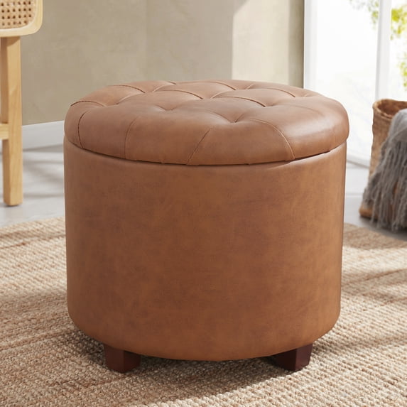 Ornavo Home Donovan Round Tufted Linen Storage Ottoman Foot Rest Stool Seat with Removable Lid - Cognac
