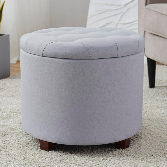 Ornavo Home Donovan Round Tufted Linen Storage Ottoman Foot Rest Stool Seat with Removable Lid - Gray
