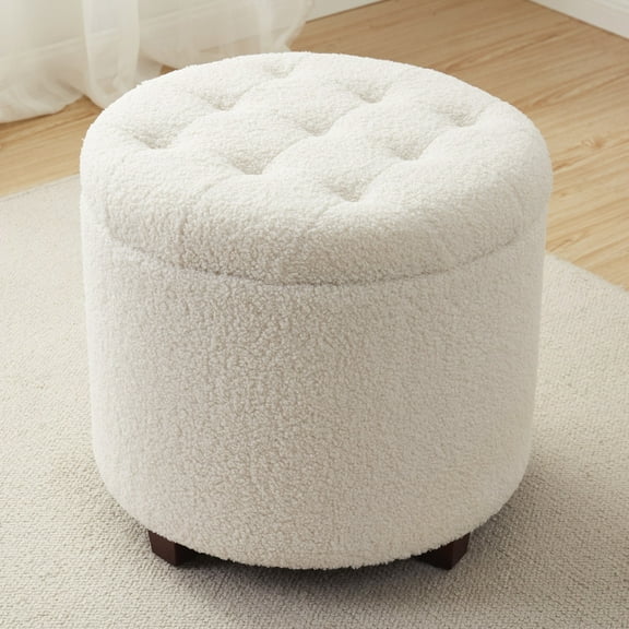 Ornavo Home Donovan Round Tufted Linen Storage Ottoman Foot Rest Stool Seat with Removable Lid - White
