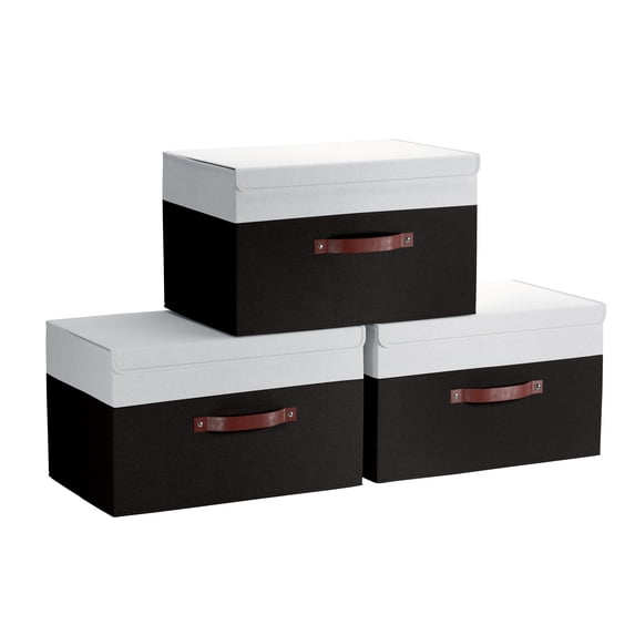 Ornavo Home Foldable Collapsible Large Storage Box Bins Linen Fabric Shelf Basket Cube Organizer with Leather Handles and Lid - Set of 3 - 15 x 10 x 9