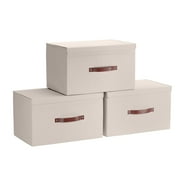 Ornavo Home Foldable Collapsible Large Storage Box Bins Linen Fabric Shelf Basket Cube Organizer with Leather Handles and Lid - Set of 3 - 15 x 10 x 9