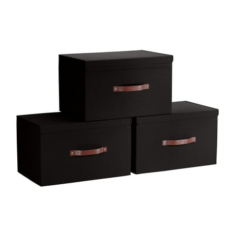 Ornavo Home Foldable Collapsible Large Storage Box Bins Linen Fabric Shelf Basket Cube Organizer with Leather Handles and Lid - Set of 3 - 15 x 10 x 9