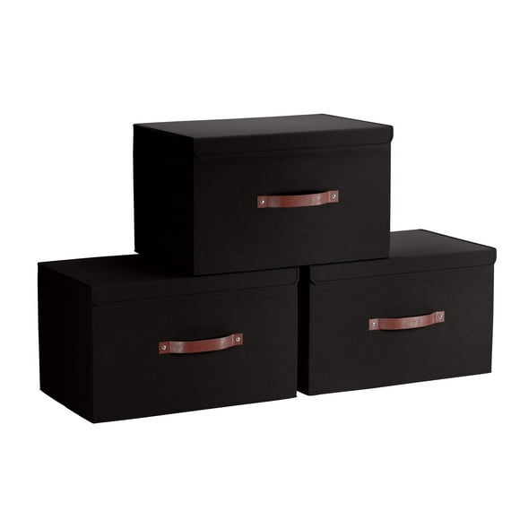 Ornavo Home Foldable Collapsible Large Storage Box Bins Linen Fabric Shelf Basket Cube Organizer with Leather Handles and Lid - Set of 3 - 15 x 10 x 9