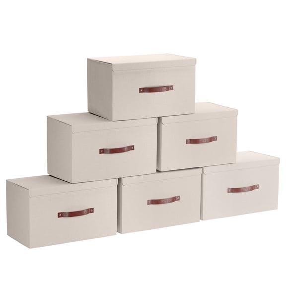 Ornavo Home Foldable Collapsible Large Storage Box Bins Linen Fabric Shelf Basket Cube Organizer with Leather Handles and Lid - Set of 6 - 15 x 10 x 9