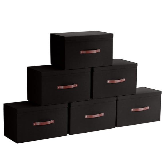 Ornavo Home Foldable Collapsible Large Storage Box Bins Linen Fabric Shelf Basket Cube Organizer with Leather Handles and Lid - Set of 6 - 15 x 10 x 9