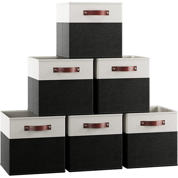 Ornavo Home Foldable Collapsible Storage Box Bins Linen Fabric Shelf Basket Cube Organizer with Leather Handles - Set of 6 - 11 x 11 x 11 - White/Black