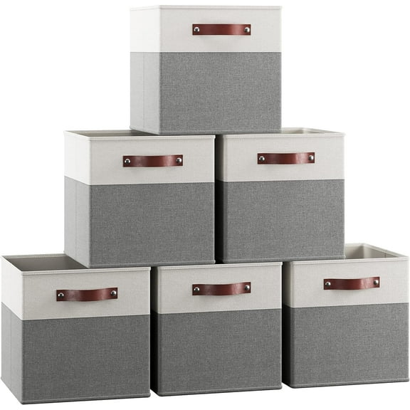 Ornavo Home Foldable Collapsible Storage Box Bins Linen Fabric Shelf Basket Cube Organizer with Leather Handles - Set of 6 - 11 x 11 x 11 - White/Gray