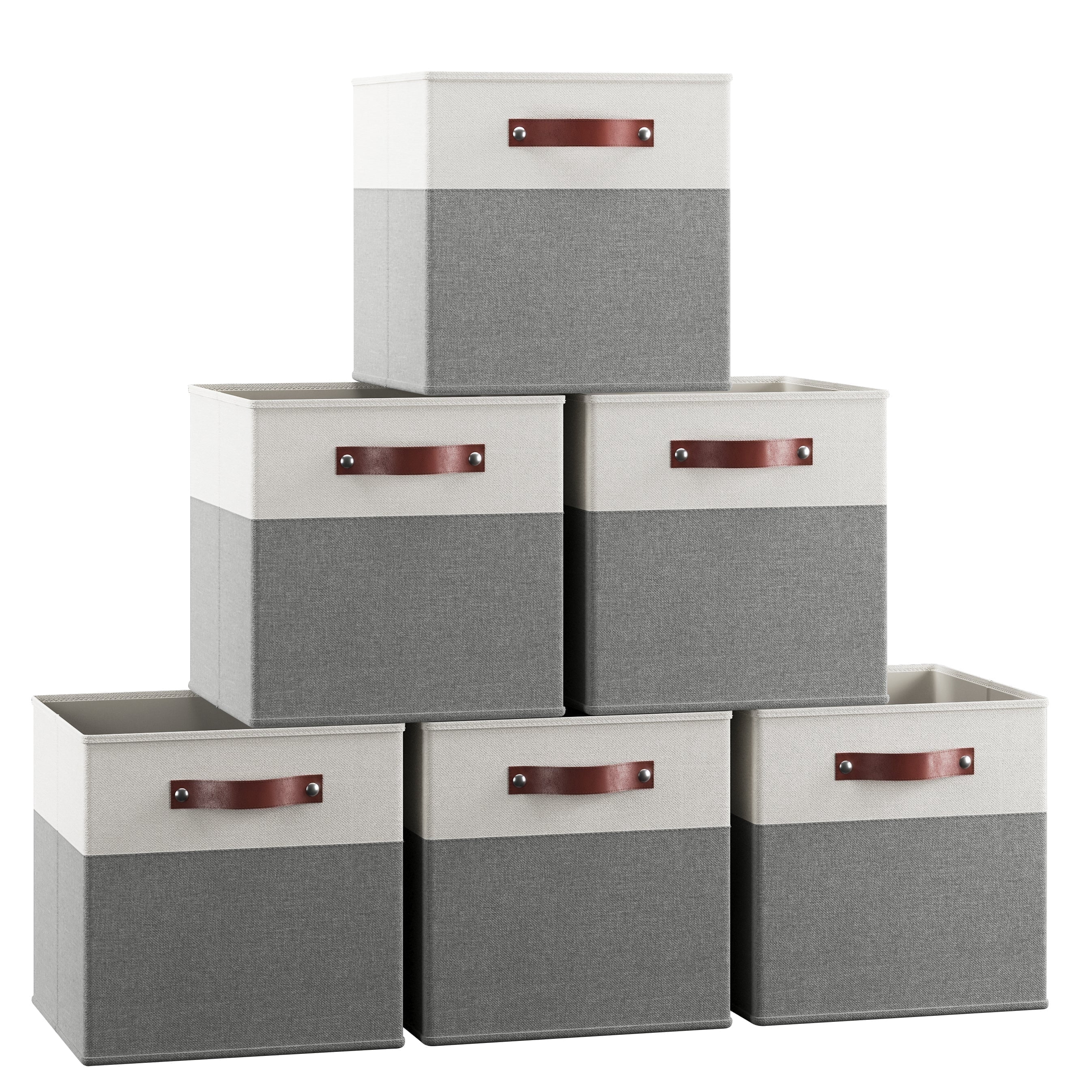 Ornavo Home Foldable Collapsible Storage Box Bins Linen Fabric Shelf Basket Cube Organizer with Leather Handles - Set of 6 - 13 x 13 x 13 - White/Gray