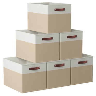 Ornavo Storage Bins 13 x 15 x 13 Set of 6 Pack Linen Fabric White Khaki