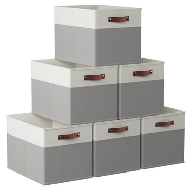 Ornavo Home Foldable Collapsible Storage Box Bins Linen Fabric Shelf Basket Cube Organizer with Leather Handles - Set of 6 - 13 x 15 x 13 - White/Gray