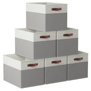 Ornavo Home Foldable Collapsible Storage Box Bins Linen Fabric Shelf Basket Cube Organizer with Leather Handles - Set of 6 - 13 x 15 x 13 - White/Gray