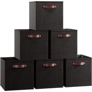 Ornavo Home Foldable Collapsible Storage Box Bins Linen Fabric Shelf Basket Cube Organizer with Leather Handles - Set of 6 - 11 x 11 x 11 - Black