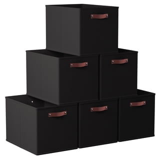Ornavo Home Foldable Collapsible Storage Box Bins Linen Fabric Shelf Basket Cube Organizer with Leather Handles - Set of 6 - 13 x 15 x 13 - Black