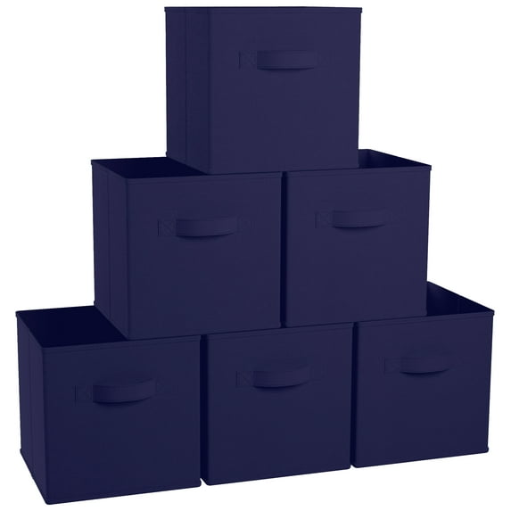 Ornavo Home Foldable Collapsible Storage Box Bins Shelf Basket Cube Organizer With Dual Handles - Set of 6 - 11 x 11 x 11 - Navy Blue