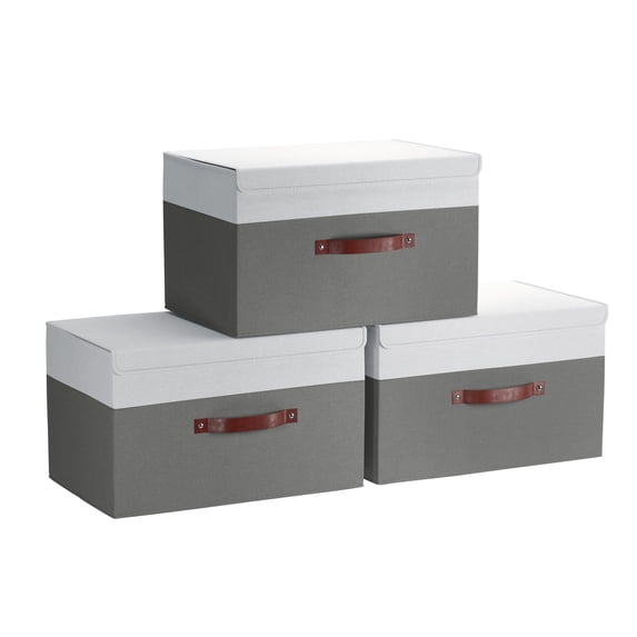Ornavo Home Foldable Collapsible XLarge Storage Box Bins Linen Fabric Shelf Basket Cube Organizer with Leather Handles and Lid - Set of 3 - 16.5 x 11.8 x 7.5