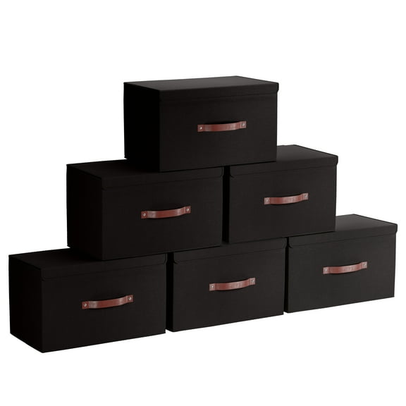 Ornavo Home Foldable Collapsible XLarge Storage Box Bins Linen Fabric Shelf Basket Cube Organizer with Leather Handles and Lid - Set of 6 - 16.5 x 11.8 x 7.5