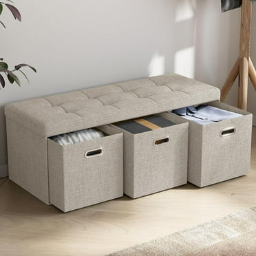 Ornavo Home Foldable Tufted Linen Large Long Bench Storage Ottoman Foot Rest Stool Seat with 3 Drawer Cubes - 15" x 40" x 15" Beige
