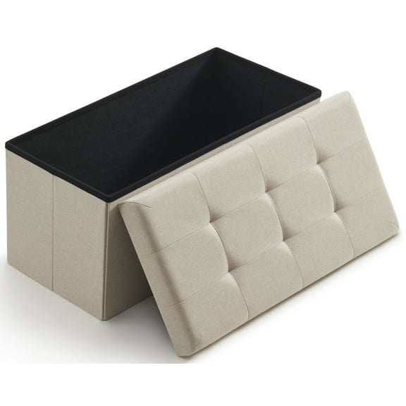 Ornavo Home Foldable Tufted Linen Large Storage Ottoman Bench Foot Rest Stool/Seat - 15" x 30" x 15"- Beige
