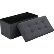 Ornavo Home Foldable Tufted Linen Large Storage Ottoman Bench Foot Rest Stool/Seat - 15" x 30" x 15" - Black