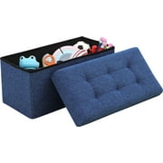 Ornavo Home Foldable Tufted Linen Large Storage Ottoman Bench Foot Rest Stool/Seat - 15" x 30" x 15" - Navy