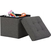 Ornavo Home Foldable Tufted Linen Storage Ottoman Cube Foot Rest Stool Seat - 15" x 15" (Charcoal Gray)