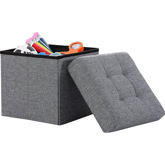 Ornavo Home Foldable Tufted Linen Storage Ottoman Cube Foot Rest Stool Seat - 15" x 15" (Gray)