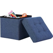 Ornavo Home Foldable Tufted Linen Storage Ottoman Cube Foot Rest Stool Seat - 15" x 15" (Navy Blue)