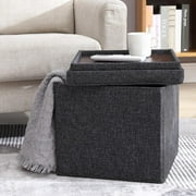 Ornavo Home Foldable Tufted Linen Storage Ottoman Square Cube Storage Ottoman Foot Rest Stool/Seat with Table Top Lid, Coffee Table Ottoman - 15" x 15" x 15"