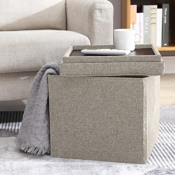 Ornavo Home Foldable Tufted Linen Storage Ottoman Square Cube Storage Ottoman Foot Rest Stool/Seat with Table Top Lid, Coffee Table Ottoman - 15" x 15" x 15"