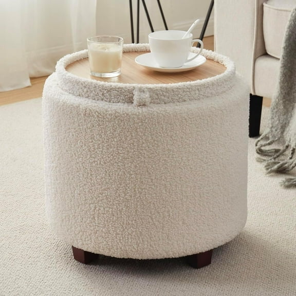 Ornavo Home Lawrence Round Boucle Storage Ottoman with Lift Off Lid and Tray Lid Coffee Table, Ottoman with Storage for Living Room, Bedroom and Office, Boucle White