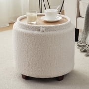 Ornavo Home Round Storage Ottoman with Reversible Lid, 17in Boucle White Foot Stool
