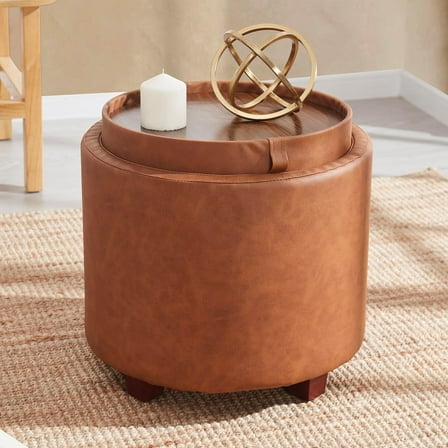 Ornavo Home Lawrence Round Storage Ottoman with Lift Off Lid and Tray Lid Coffee Table, Ottoman with Storage for Living Room, Bedroom and Office, Leather Cognac