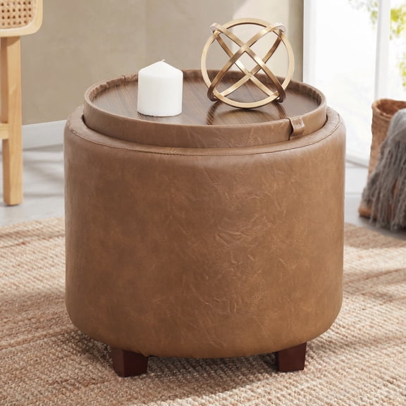 Ornavo Home Round Storage Ottoman with Reversible Lid, 17in Faux Leather Mocha Stool