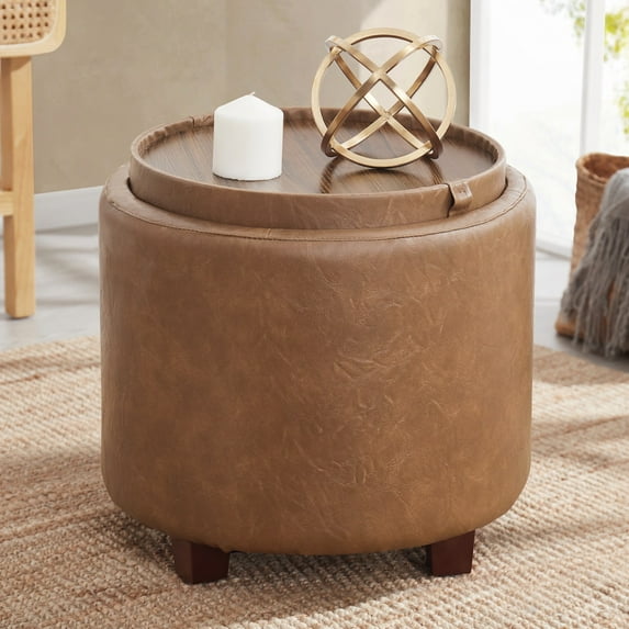 Ornavo Home Lawrence Round Storage Ottoman with Lift Off Lid and Tray Lid Coffee Table, Ottoman with Storage for Living Room, Bedroom and Office, Leather Mocha
