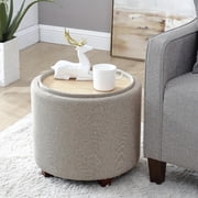 Ornavo Home Round Storage Ottoman with Reversible Lid, 17in Linen Beige Foot Stool