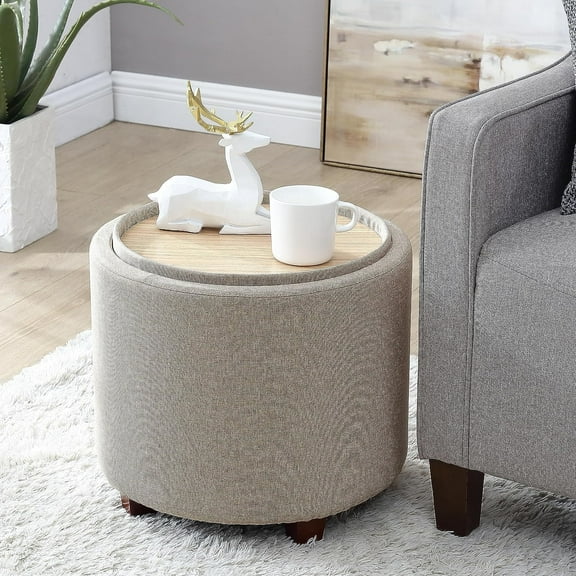 Ornavo Home Lawrence Round Storage Ottoman with Lift Off Lid and Tray Lid Coffee Table, Ottoman with Storage for Living Room, Bedroom and Office, Linen Beige