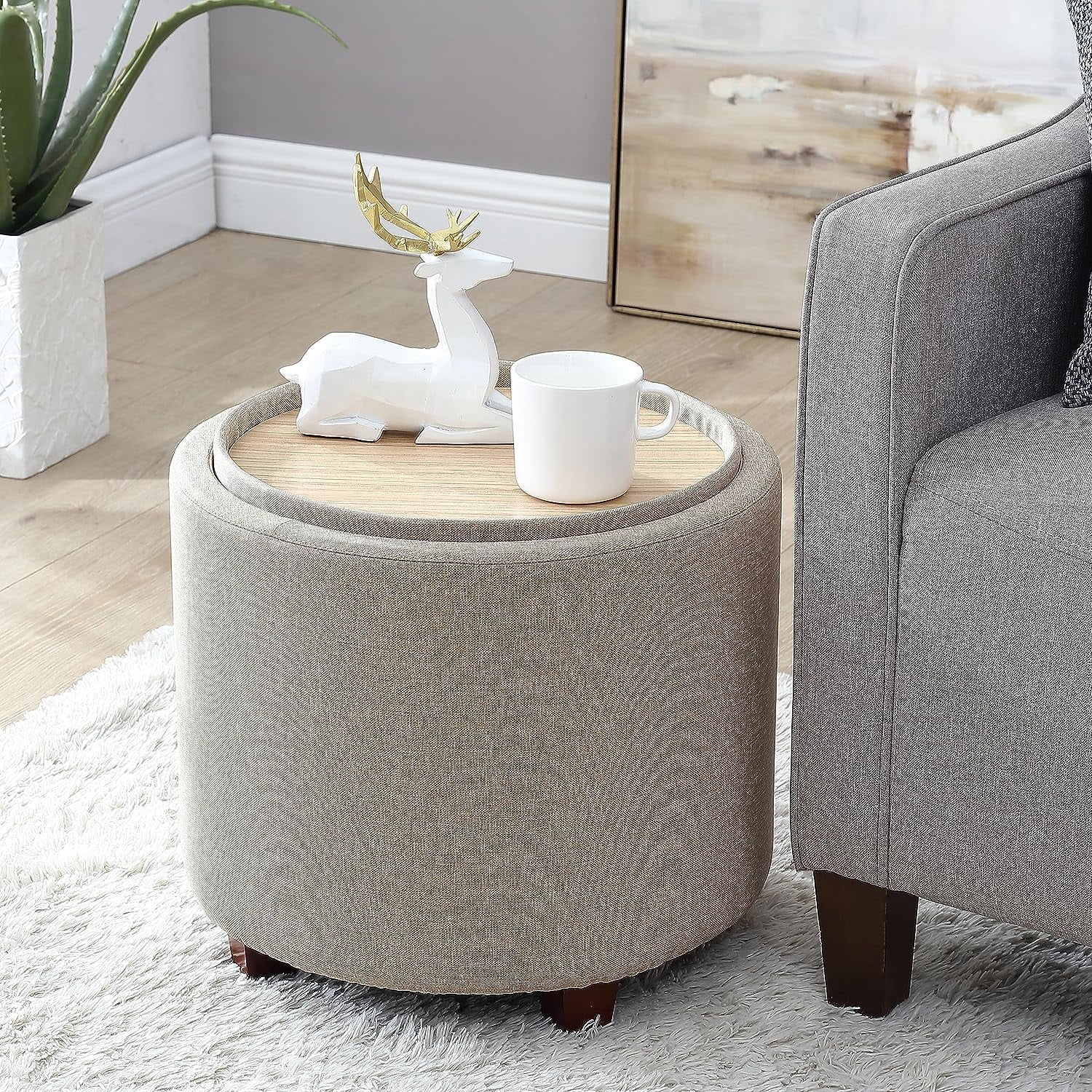 Linen Beige Round Storage Ottoman with Tray Top