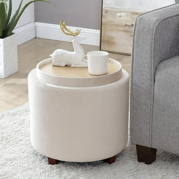 Ornavo Home Lawrence Round Storage Ottoman with Lift Off Lid and Tray Lid Coffee Table, Ottoman with Storage for Living Room, Bedroom and Office, Velvet Cream
